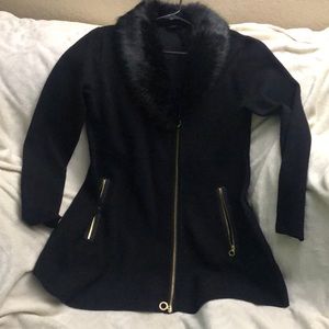 Black Faux Fur Collar Sweater Jacket